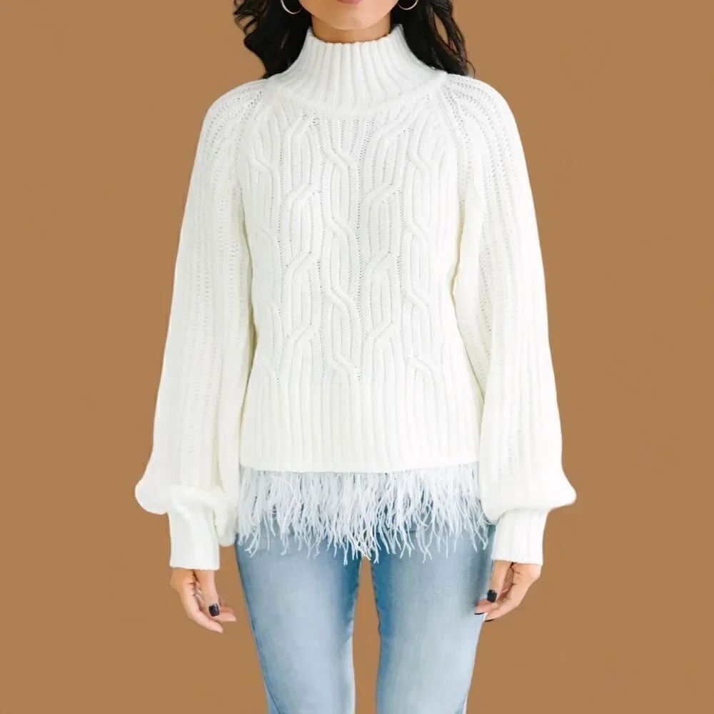 ENTRO What's Going On Cream White Feather Trim Sweater in the Size Medium